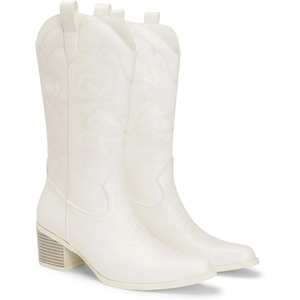 Women's White Cowboy Faux Leather Embroidery Stitched Chunky Heel Mid Calf Boots